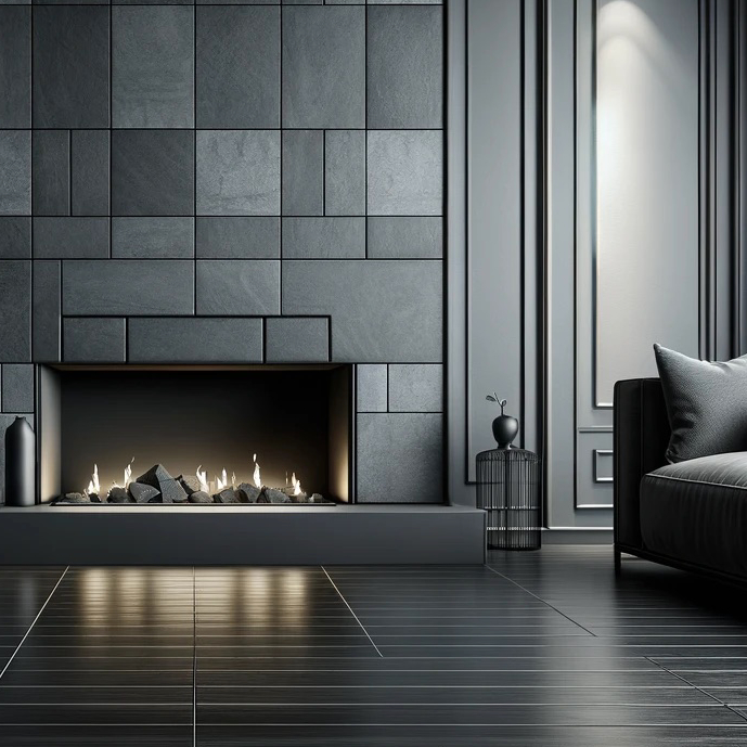 Fireplace surrounded by slate tile